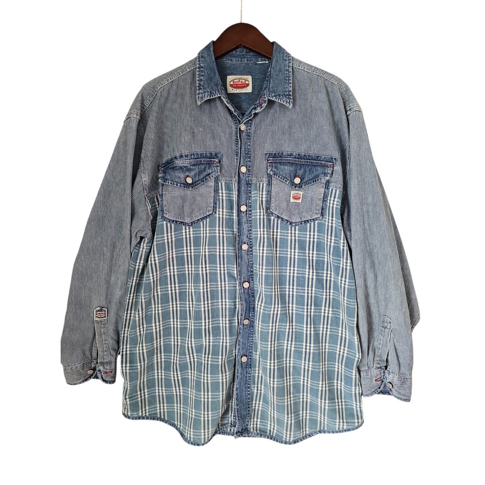 BUFFALO DE FRANCE Men's Casual Button Long Sleeve Blue Plaid Shirt Denim Trim XL